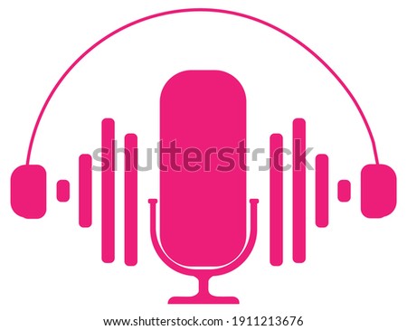 Pink radio for World Radio Day 2021,girly vector for valentine day and podcast logo, mic and headset
