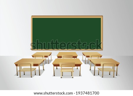 illustration of an empty classroom without students due to restrictions on educational activities in the era of the corona virus pandemic in Indonesia. Blackboard and student chairs in school