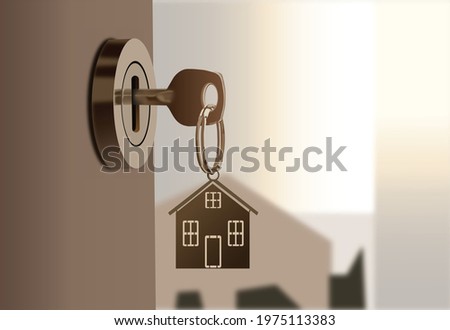 a door lock with a pendant with a picture of a house on it. Vector of home security manually using door locks. Residential and housing security. Door key from metal ring. Unlock the door