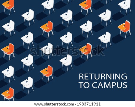 Pamphlets with illustrations of the row diagonally appeal to students with the words and sentences Returning to campus. Flyer template for university website