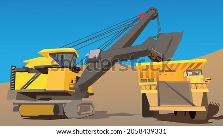Heavy and giant vehicle for mining activity. Excavator loading mine to giant truck. Industrial activity