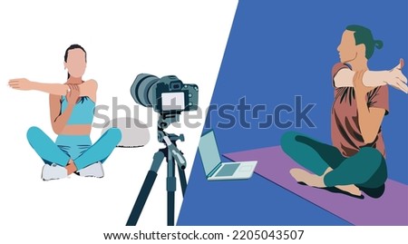 Fitness live streaming online feature with instructure and a member at home from computer monitor laptop