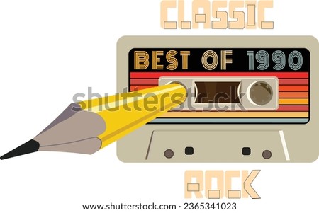 Classic rock design with cassette tape with a pecil in the roll wheel for rewinding tape isolated. Tshirt design for 90's theme
