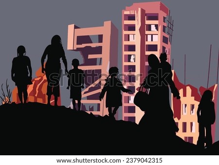 Silhouettes of children on a hill against a backdrop of buildings destroyed by missile attacks after the war. Family and people refugees after Palestine and Israel conflict