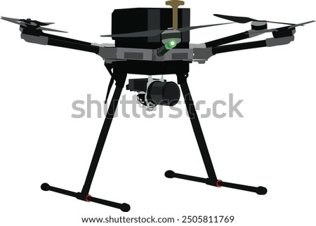 Lidar drone flying with equipment. Mapping drone on duty. Professional quadcopter standing before take off isolated on transparent background