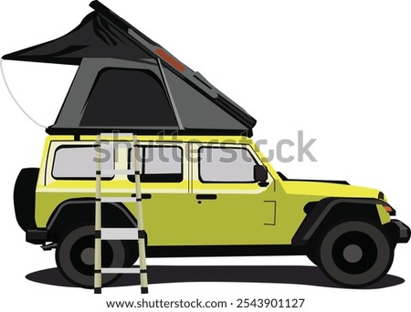 Campervan rooftop tent outdoor camping ground with car