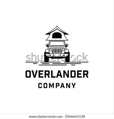 Overland vehicle with tent on the roof in simple design style
