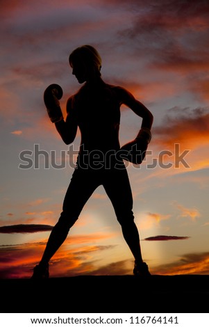 A woman boxer is silhouetted in the colorful sky.