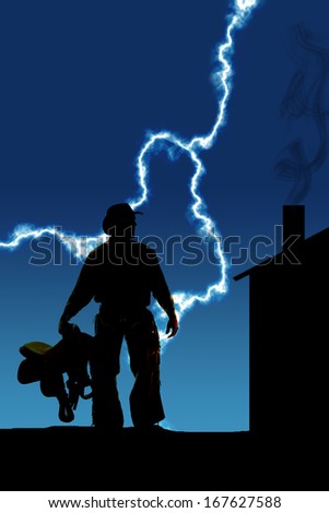 A silhouette of a man by a cabin with lightning striking.