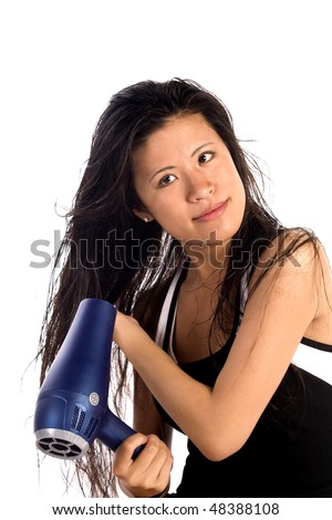 A Woman Blow Drying Her Hair After Getting It Wet. Stock Photo 48388108 ...