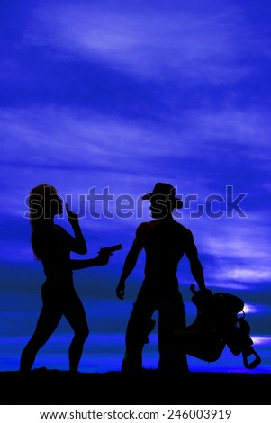 a silhouette of a woman pointing her gun, with her finger up to her mouth, next to her cowboy.