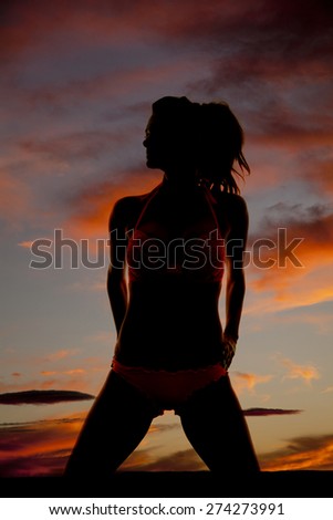 a silhouette of a woman in her bikini on her knees.