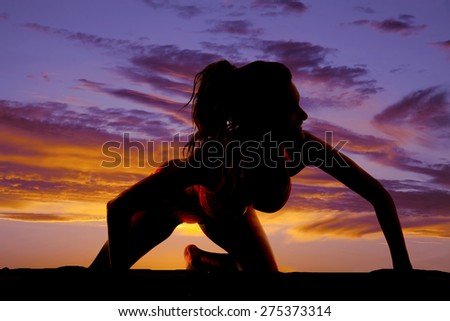A silhouette of a woman in her bikini kneeling.