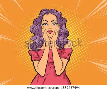 Woman surprise holds cheeks by hand .Beautiful girl with curly hair pointing to looking right . Presenting your product Pop art retro comic book
