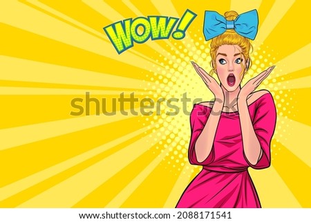 shocked woman with amazed face wow and hands up open mouth in Pop Art Comic Style