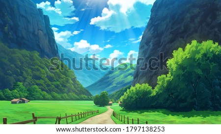 Beautiful Rural Village Mountain Nature Anime Background Landscape Illustration