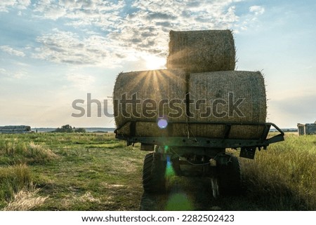 Similar – Foto Bild Ernte von Heu im Sommer. Der Mähdrescher einer landwirtschaftlichen Maschine sammelt reifes Gras auf dem Feld ein. Blick von oben.