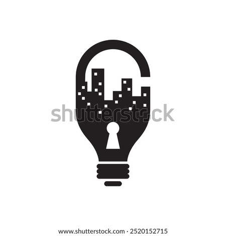 combination of city silhouette and lamp in the lock logo vector