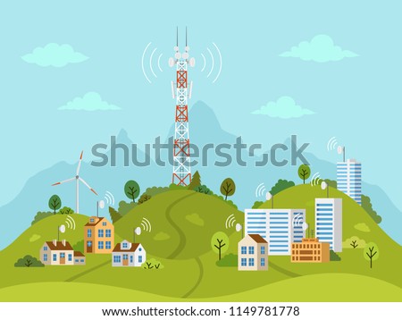 Transmission cellular tower on landscape. Wireless radio signal connection with houses and buildings through obstacles. Mobile communications tower with satellite communication antennas.