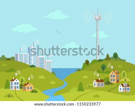 Transmission cellular tower on landscape. Wireless radio signal connection with houses and buildings through obstacles. Mobile communications tower with satellite communication antennas.