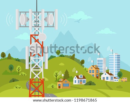 Cellular transmission tower in front of landscape. Wireless radio signal connection with houses and buildings through obstacles. Mobile communications tower with satellite communication antennas.