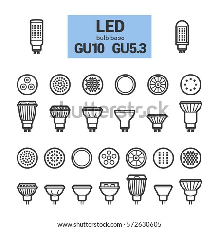 LED light bulbs with GU10 and GU5.3 base, vector outline icon set on white background