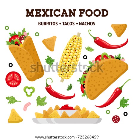 Mexican food set. Burrito, taco, nacho. Colorful vector illustration, cute style, isolated on white background