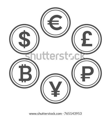 Currency flat icon set. Euro, dollar, bitcoin, yuan, ruble and pound sterling line style vector coins