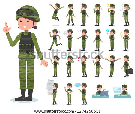 A set of Army women with who express various emotions.There are actions related to workplaces and personal computers.It's vector art so it's easy to edit.