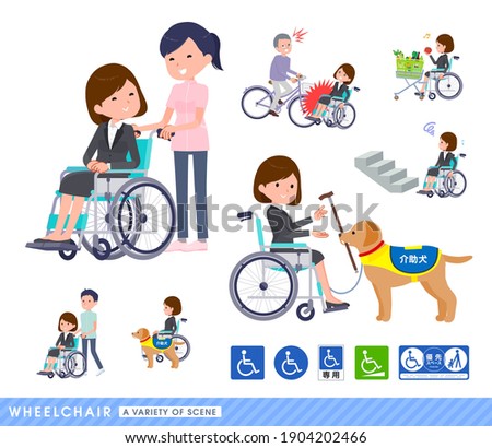 A set of women in a wheelchair.It depicts various situations of wheelchair users.It's vector art so easy to edit.'介助犬'='service dog'.'専用'='dedicated'.'優先スペース'='priority space'. ストックフォト © 