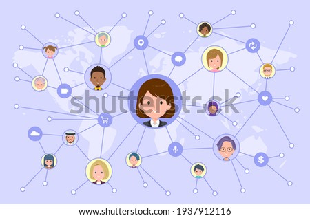 A set of women disseminating information on social media.It's vector art so easy to edit.