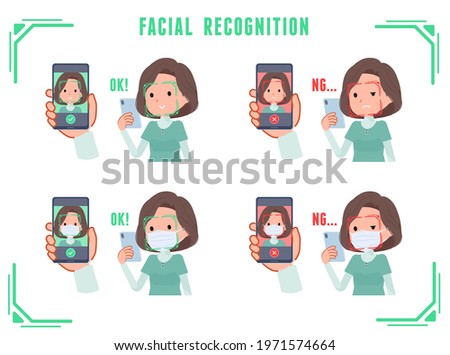 A set of middle-aged women in tunic doing facial recognition on their phones.It's vector art so easy to edit.