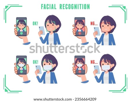 A set of Public relations women doing facial recognition on their phones.It's vector art so easy to edit.