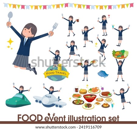 A set of navy blazer student women on food events.It's vector art so easy to edit.