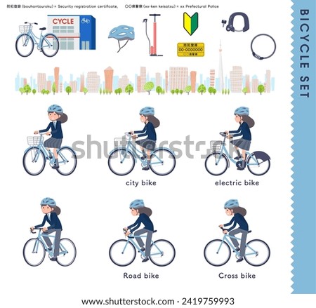 A set of navy blazer student women riding various bicycles.It's vector art so easy to edit.
