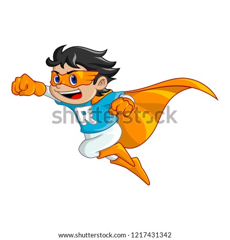 Illustration of boy that become the super hero, he use mask and cape. And he running so fast and so rush