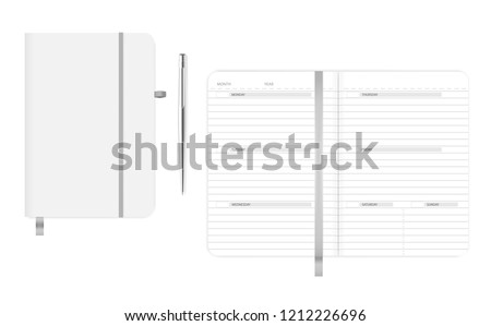 Open and closed notebook with metal ballpoint pen. Business diary planner. Vector mock-up.