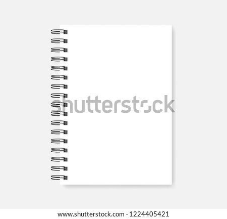 Spiral blank notebook, realistic vector mock-up. Wire bound empty notepad template. White A5 diary mockup. Foto d'archivio © 