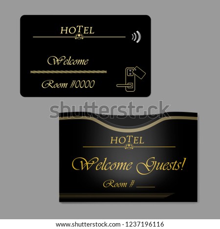 Black hotel RFID key card with keycard sleeve holder. Horizontal envelope with top slot. Vector template.