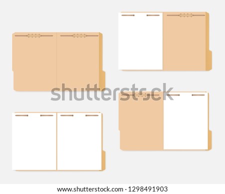 Open tabbed file folder with metal fastener keeping paper sheets inside, vector template. Letter size.