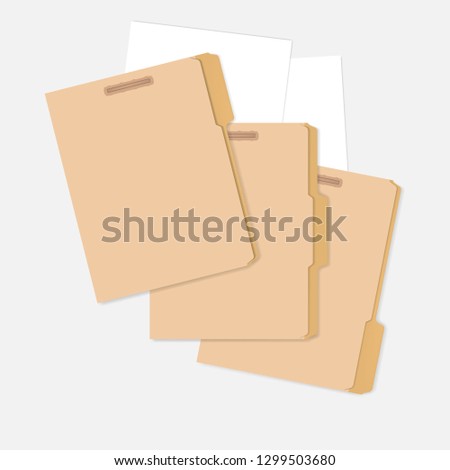 Closed variously tabbed file folders with interior fastener to keep documents and white paper sheets, letter size. Vector mock-up.