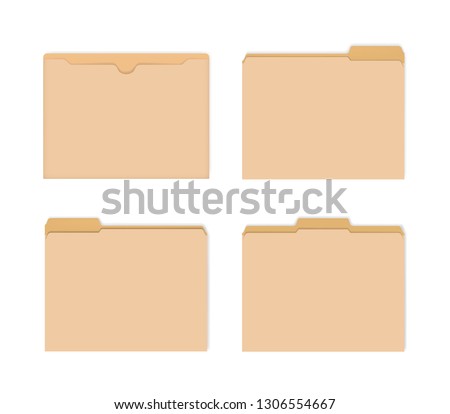 Blank manila file jackets with various cut tabs, vector mockup. Flat document envelope for letter size paper, mock-up set.