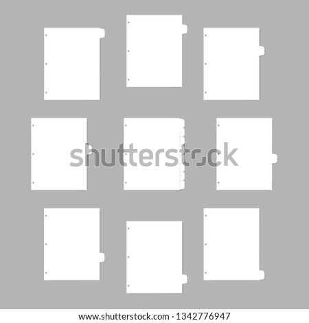 Set of white index dividers for three ring binder - letter size, realistic mockup. Blank filler paper with 8 cut tabs, vector template.