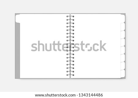 Open spiral notebook with tab divider pages letter size, vector mockup. White blank wire bound notepad spread, template.