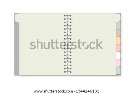 Open spiral notebook with tab divider pastel colored pages isolated on white background, realistic mockup. Blank wire bound notepad spread, vector template.