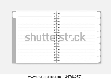 Open spiral dashed lined notebook with divider tab pages, vector mockup. Wire bound bookmark paper sheet notepad spread, template.