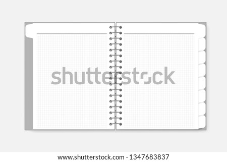 Open spiral notebook with tab dividers, vector mock-up. Wire bound white squared paper notepad with bookmark pages, template.