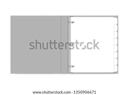 3 ring binder filled with hole punched white paper with tab dividers letter size, mockup. Open refillable blank notebook, vector template.