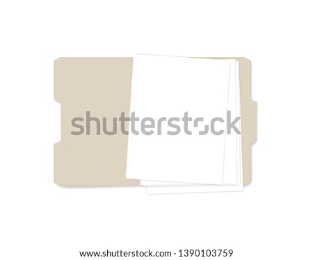 Open file folder with cut tab, realistic mockup. Letter size tabbed manila folder with empty paper sheets, vector template.