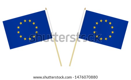 Two small European Union flags isolated on white background, vector illustration. Flag of Europe on pole.